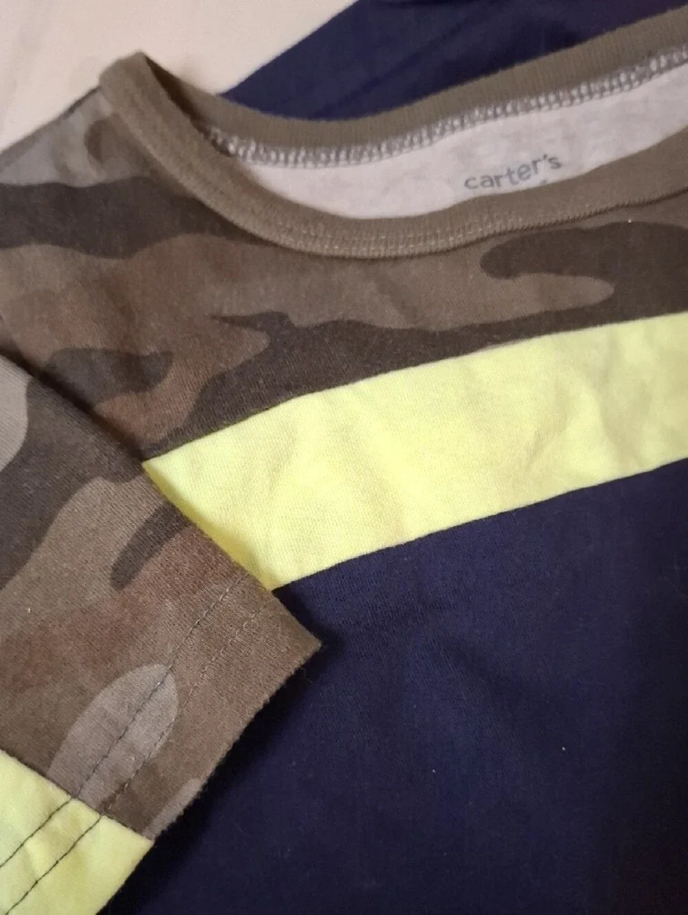 Carter's Navy Tee with Camo Shoulders and Neon Yellow Stripe